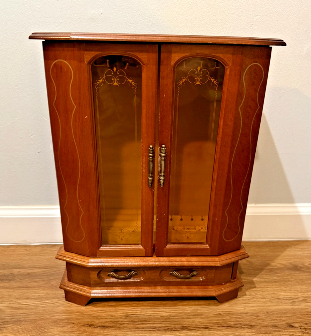 Vintage Wood Jewelry Armoire Box 17" Glass Doors Necklace Carousel Ring Storage